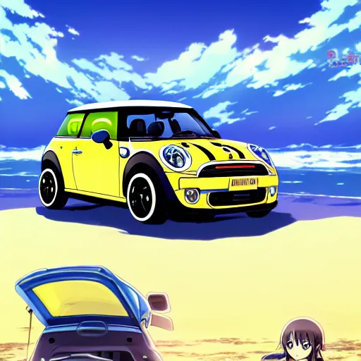 Image similar to anime art vehicle concept art, anime key visual of mini cooper s, at sunset at a beach, trending on pixiv fanbox, studio ghibli, extremely high quality artwork