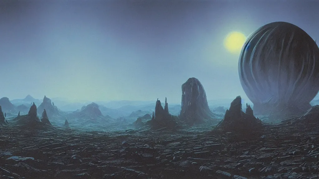 Image similar to eerie atmospheric alien planet with sinister landscape by angus mckie and bob eggleton and chris moore, epic cinematic matte painting