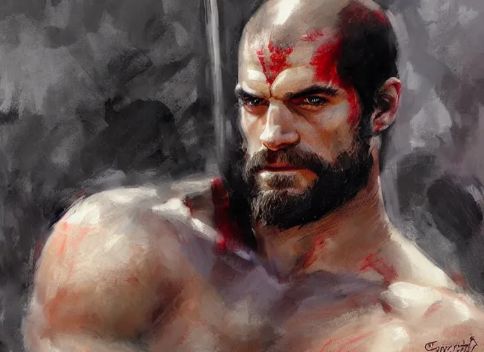 Prompt: a highly detailed beautiful portrait of henry cavill as kratos, by gregory manchess, james gurney, james jean