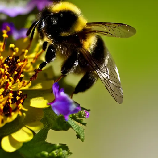 Image similar to a bumblebee with floral anatomy sits on a finger, 5 0 mm lens, f 1. 4, sharp focus, ethereal, emotionally evoking, head in focus, volumetric lighting, blur dreamy outdoor