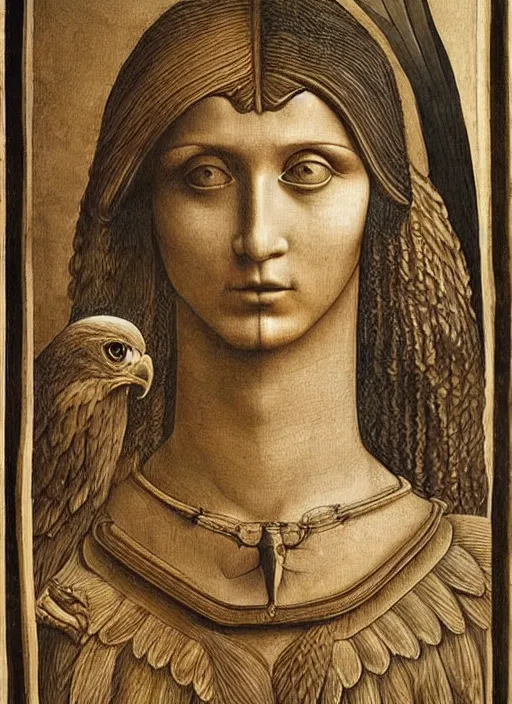 Image similar to Half human, half eagle, symetry, very detailed, painting in style of Leonardo Da Vinci