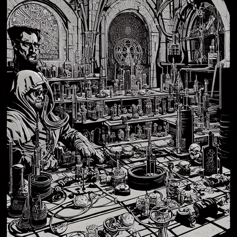 Image similar to ancient alchemist wizards laboratory, high details, lineart, by vincent di fate, inking, 3 color screen print, masterpiece, trending on artstation, etching, sharp, high contrast, hyper - detailed, hd, 4 k, 8 k