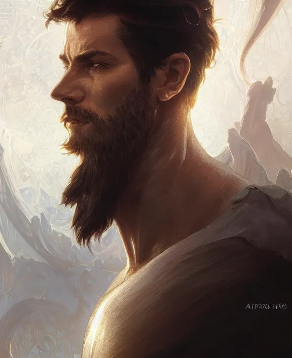 Image similar to portrait close up of guy, concentrated look, symmetry, with an explosion on the back, d & d, fantasy, intricate, elegant, highly detailed, digital painting, artstation, concept art, art by artgerm and greg rutkowski and alphonse mucha, boris vallejo