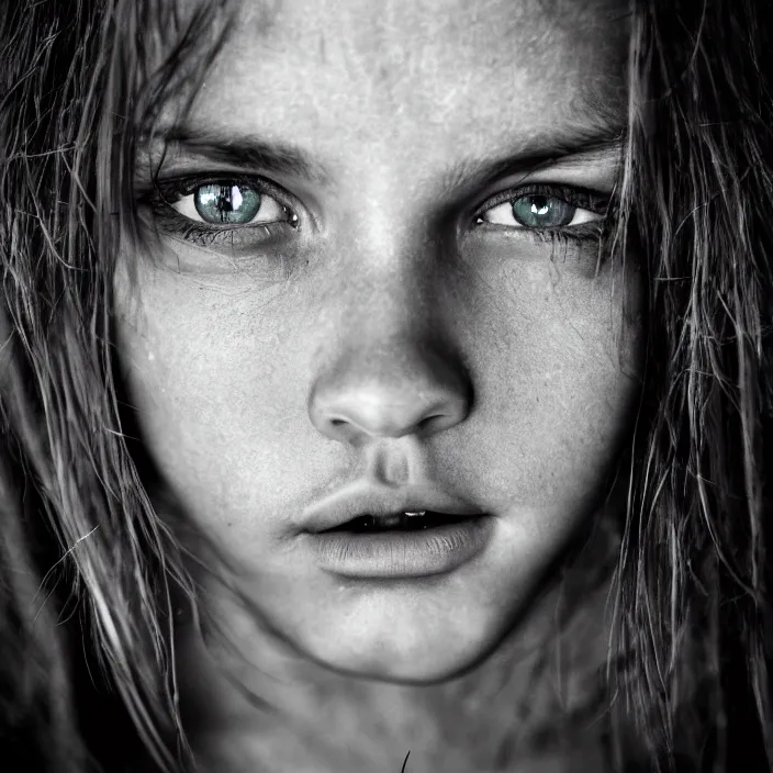 Prompt: dramatic photographic Close-up face of a extremely beautiful girl with clear eyes and light brown hair , high light on the left, non-illuminated backdrop, illuminated by a dramatic light, Low key lighting, light dark, High constrast, dramatic , Steve Mccurry, Lee Jeffries , Norman Rockwell, Craig Mulins ,dark background, high quality, photo-realistic, 8K,