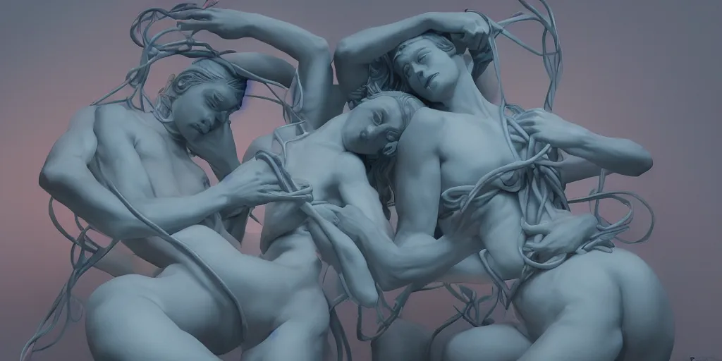 Image similar to greek sculpture of intertwined bodies painted in pastel colors. artwork by James Jean and Tooth Wu and wlop and beeple and greg rutkowski and nekroxiii. octane render, cinematic, hyper realism, redshift render, 8k, depth of field, iridescent accents