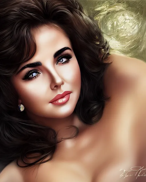 Image similar to elizabeth taylor, photo, ultra detail, photoreal, professionally retouched, soft moonlight lighting, shiny plastic bikini, realistic, smooth face, goddess, luscious lips, perfect eyes, wide angle, sharp focus on eyes, 8 k high definition, insanely detailed, intricate, elegant, art by artgerm and wlop