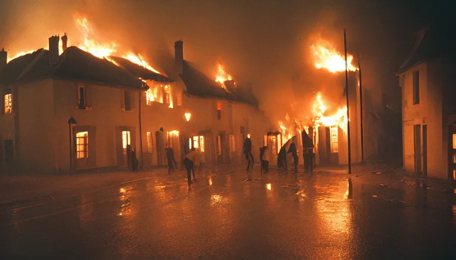 Image similar to 1 9 7 0 s movie still of a heavy burning french style townhouse in a small french village by night, rain, heavy smoke, people running, cinestill 8 0 0 t 3 5 mm, heavy grain, high quality, high detail, dramatic light, anamorphic, flares