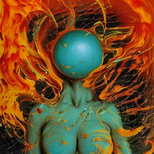 Image similar to a sphere being devoured by abstract splatters of paint in the style of francis bacon, venus being engulfed in flames in the style of james jean, surreal, beksinski, high detailed