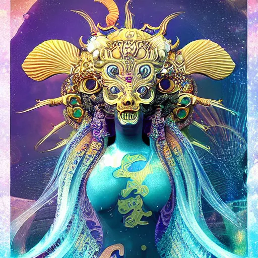 Image similar to 3 d goddess frontal view full body, astral projection, with ram golden skull. beautiful intricately detailed japanese fractal kitsune mask and clasical japanese kimono. betta fish, jellyfish fractal, bio luminescent, plasma, ice, water, wind, creature, indian temple, mandelbulb, fractal, artwork by tooth wu and wlop and beeple and greg rutkowski