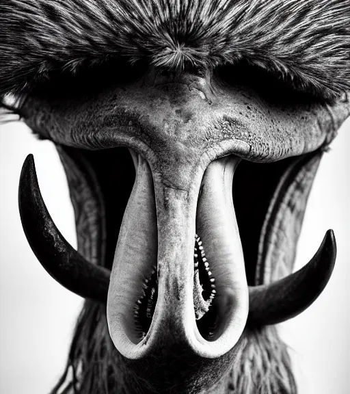 Prompt: Award winning Editorial up-angled photograph of Early-medieval Scandinavian Folk ostrich Baring its teeth with incredible hair and fierce hyper-detailed eyes by Lee Jeffries and David Bailey, 85mm ND 4, perfect lighting, a large heart-shaped birthmark on the forehead, dramatic highlights, wearing traditional garb, With huge sharp jagged Tusks and sharp horns, gelatin silver process