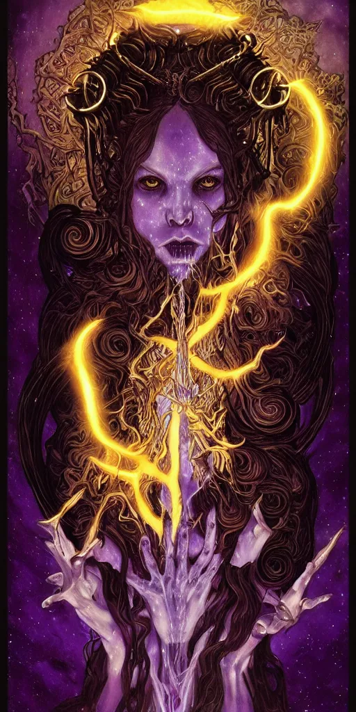 Prompt: intense glowing black metal pagan god with horns and veins and intense glowing eyes and a skull in very dark cosmic space by karol bak and artgerm and alphonse mucha, portrait, fantasy, clear, light beams, lens flare, intense, uhd, amazing depth, cinematic lighting, purple and violet and indigo and blue