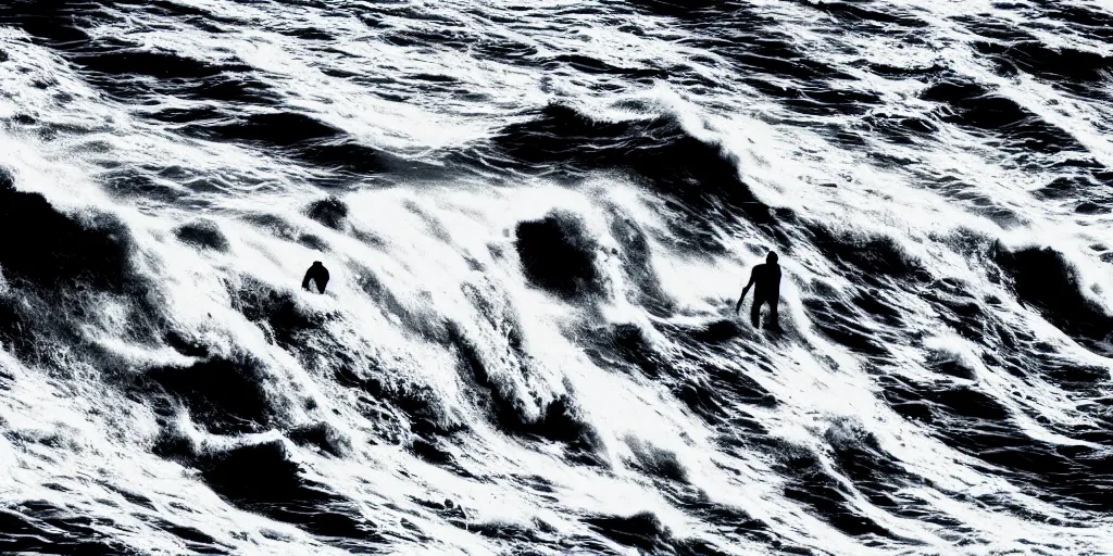 Image similar to multiple persons breaking the rules and breaking the waves, concept art, high contrast, on white, shadows