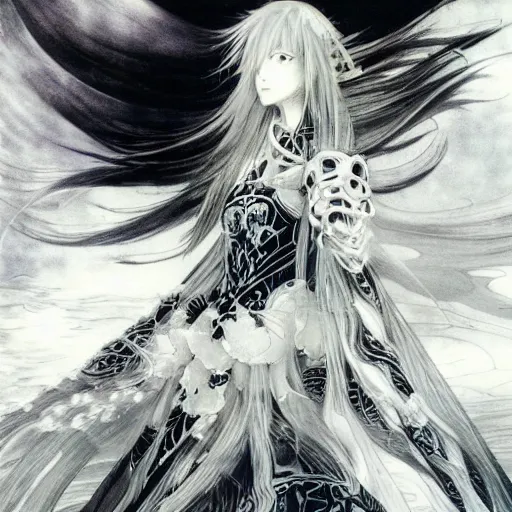 Image similar to yoshitaka amano blurred and dreamy illustration of an anime girl with black eyes, wavy white hair fluttering in the wind wearing elden ring armor with engraving, abstract black and white patterns in the background, noisy film grain effect, highly detailed, renaissance oil painting, weird portrait angle, blurred lost edges, three quarter view
