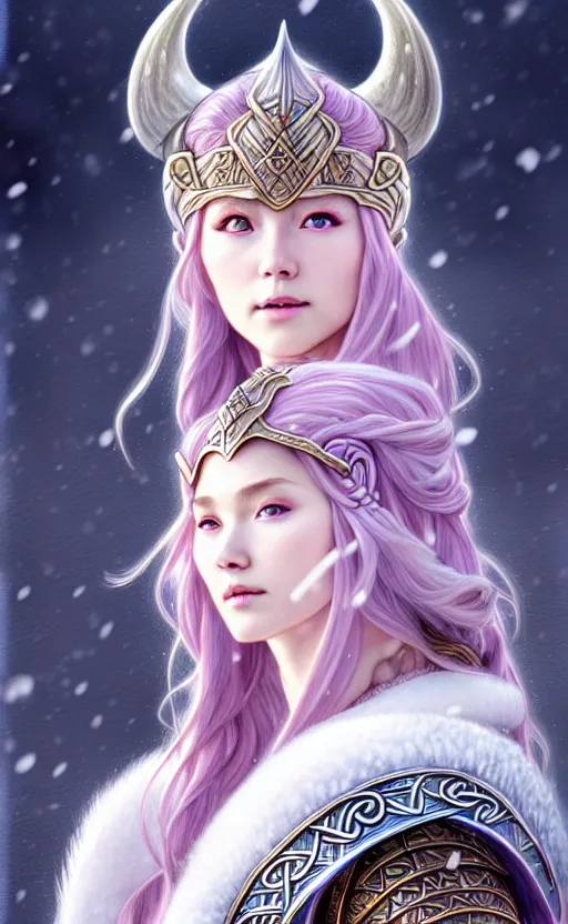 Image similar to kunzite viking warrior, regal, elegant, winter, snow, beautiful, stunning, hd, illustration, epic, d & d, fantasy, intricate, elegant, highly detailed, wide angle, digital painting, artstation, concept art, smooth, sharp focus, illustration, wallpaper, art by artgerm and greg rutkowski and alphonse mucha and jin xiaodi