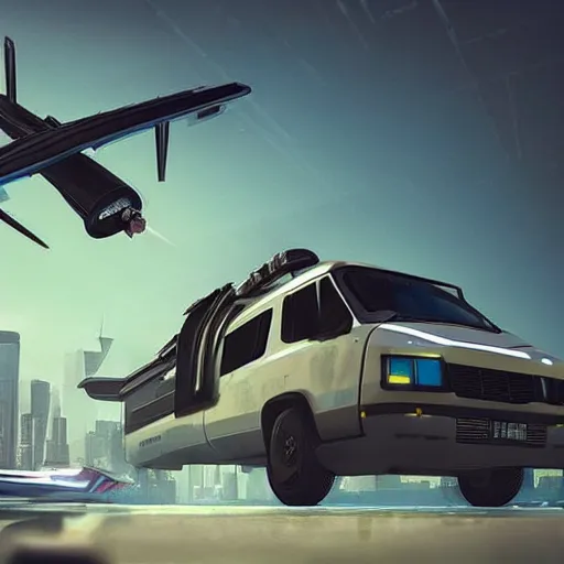 Image similar to cyberpunk alien concept of the a - team van with a pair of airplane wings on the sides, flying trough the sky, futuristic look, highly detailed body, very powerful, photorealistic camera shot, crisp quality and light reflections, unreal engine 5 quality render