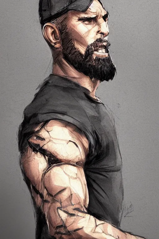 Prompt: very detailed portrait of a rugged man in his early thirties, strong jaw, deep black eyes, latino features, wearing a black!! t - shirt, earthy color scheme, by wlop and krenz cushart and artgerm, 9 0 s style, detailed eyes, starry background, trending, on artstation.