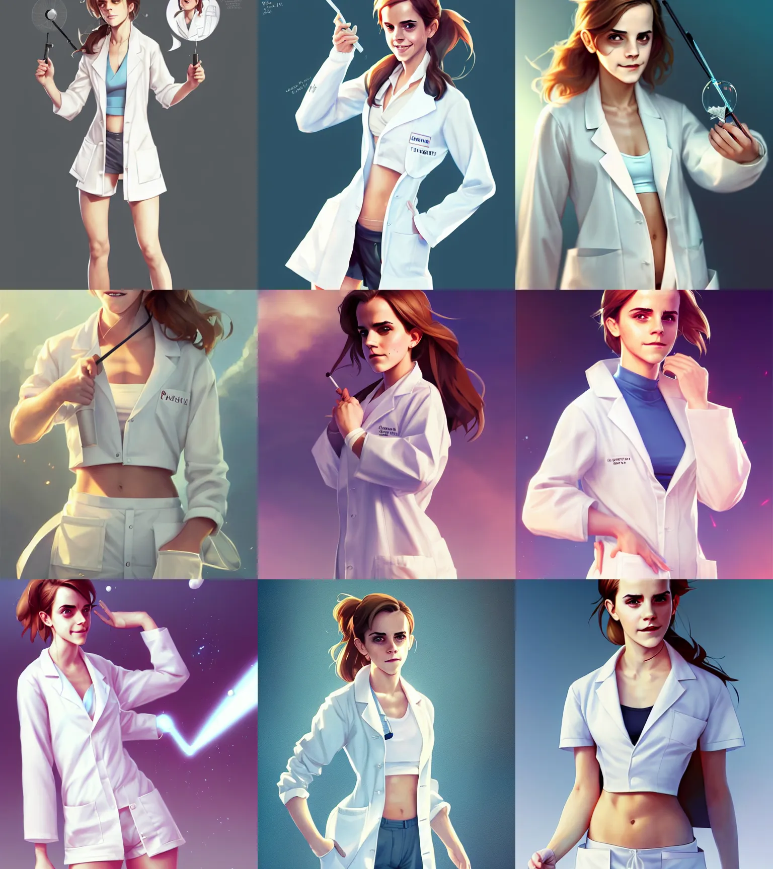 Prompt: attractive Emma Watson as scientist girl in the labcoat, white lab coat, sport bra and shorts, visible stomach, seductive smile, by tsuaii and Jordan Grimmer and greg rutkowski, Trending artstation, pixiv, digital Art