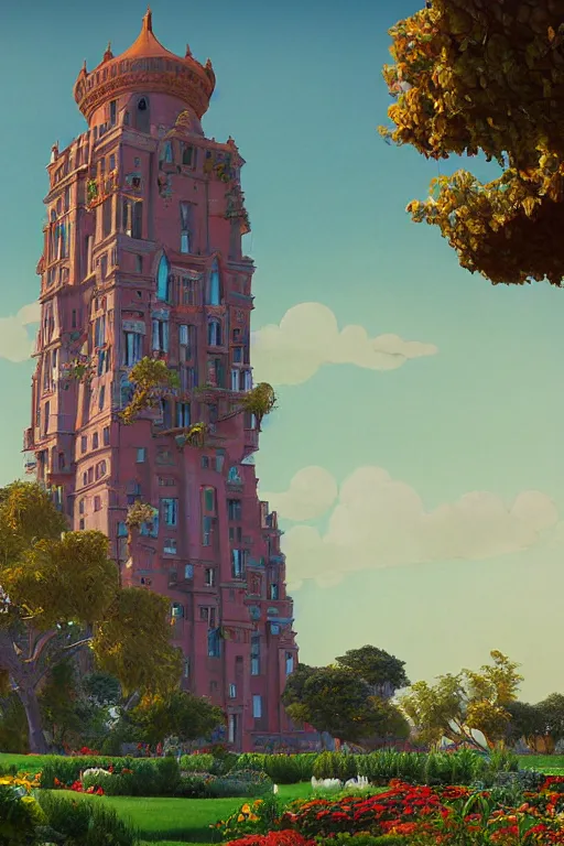 Image similar to distance view of the painted tower of the moon in its gardens fairytale illustration, carved balconies, tall windows, formal flower gardens, dramatic cinematic lighting, rich colors, golden age illustration, by Ludwig Deutsch and April Gornik and (Edmund Dulac and Nicholas Roerich),unreal engine