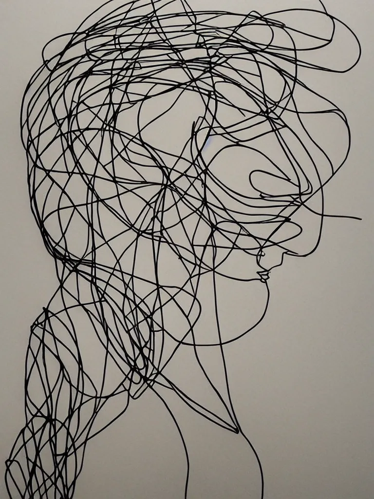 Prompt: elegant minimalist metal wire art of symmetrical and expressive female facial features and silhouette