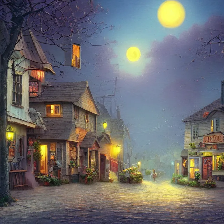 Prompt: town inspired by Evgeny Lushpin stores,cottages,streets,spring, midnight,full moon,cinematic,