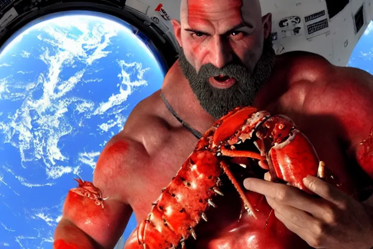 Image similar to kratos from the god of war videogame eating a whole lobster in the international space station