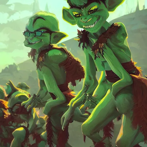 Prompt: a pack of green goblins doing the dance of pain, a fantasy art, hd, trending on artstation, by rhands, makoto shinkai, ilya kuvshinov