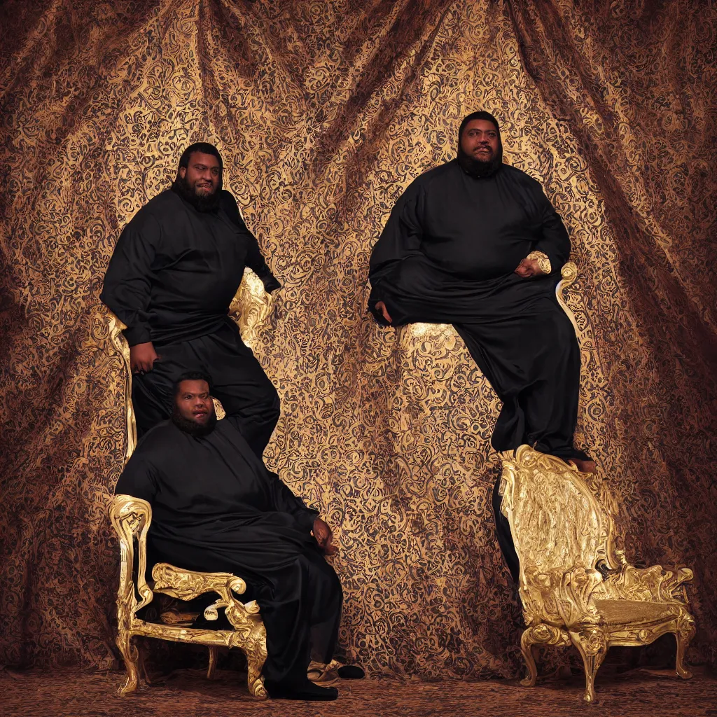 Image similar to Large black man sitting on throne wrapped in silk, background made of large folding curtains, dimly lit, dark, blacklight photography