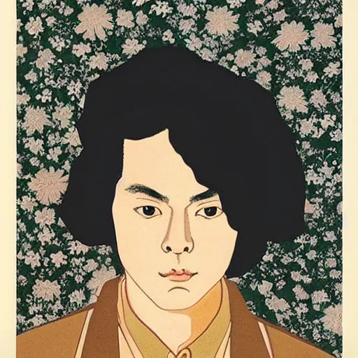 Prompt: “ harry styles portrait by ikenaga yasunari and ayana otake and ko rakusui, 6 0 s poster, drawing, realistic, sharp focus, japanese, dreamy, nostalgia, faded, golden hues, floral clothes ”