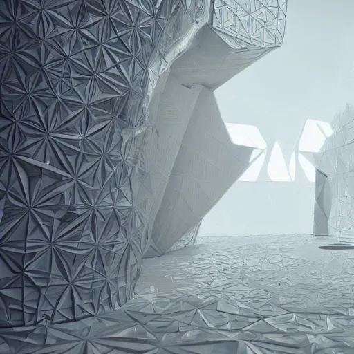 Image similar to 3 d artwork, dystopian future, intricate shapes, geometrical, symmetry, octane render