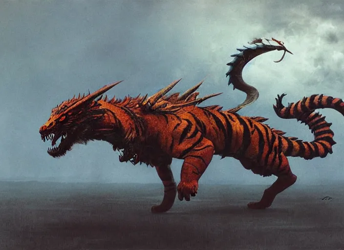 Image similar to a tiger dragon with 4 legs, full body concept, monster hunter monster, beksinski, brent hollowell,