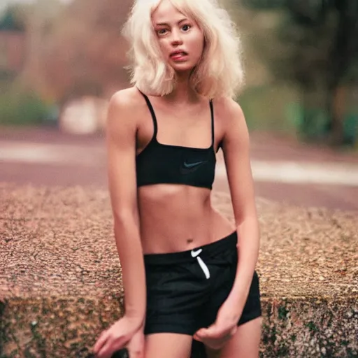 Image similar to realistic photoshooting for a new nike lookbook, color film photography, portrait of a beautiful blonde woman, in style of Davey Adesida, 35mm, film photo