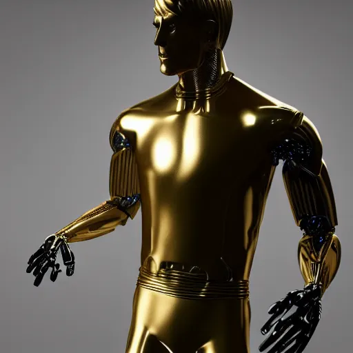 Image similar to a realistic detailed photo of a guy who is an attractive humanoid who is half robot and half humanoid, who is a male android, attractive and handsome soccer players, shiny skin, posing like a statue, blank stare, in a factory, on display, showing off his muscles, gold soccer shorts, side view, looking at each other mindlessly