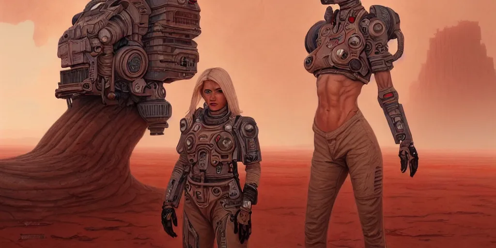 Prompt: tattooed stoic blonde butch emotionless woman engineer, wearing dirty ripped distressed flight suit, primitive desert planet with red dust storms, gigantic ancient alien temple in background, highly detailed, digital painting, artstation, concept art, matte, sharp focus, illustration, art by artgerm and greg rutkowski and alphonse mucha