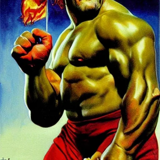 Image similar to wrestler hulk hogan, photorealistic, ring of fire, painted by frank frazetta