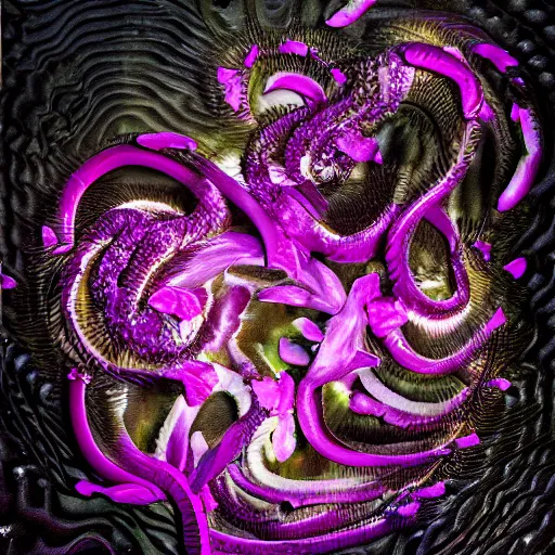 Image similar to Deep imprint flower core, our ouroborous devours it's tail by Rick Baker, black, neon purple, Hyperreal, Photographed in the Style of Annie Leibovitz, Studio Lighting