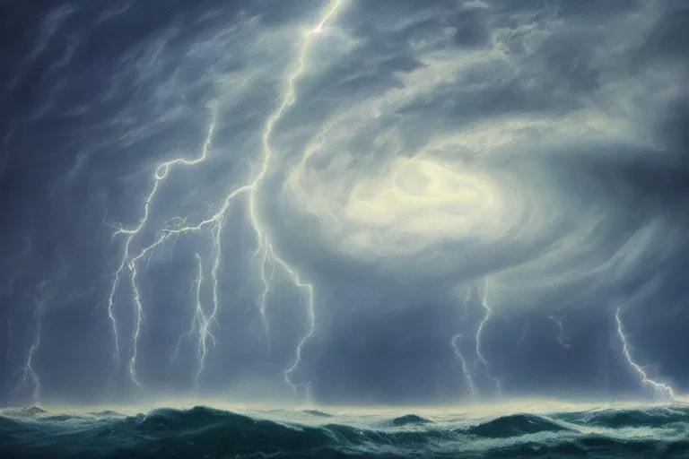Image similar to photo of monstrous tornado over stormy seas, night, backlit, blue sprites, hyperdetailed, artstation