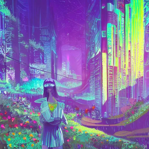 Prompt: forest and flower city, cyberpunk, futuristic, vivid colors, utopia by alayna danner and dang my linh