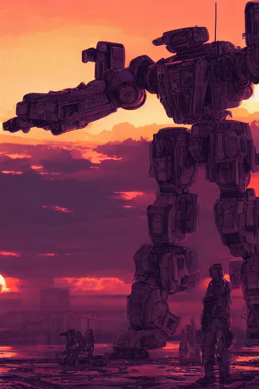 Image similar to A real photo of a Mechwarrior, a sunset in the distance, by Josan Gonzalez, Yoji Shinkawa and Geof Darrow, highly detailed, Unreal Engine Render, neon lights on the robot, 3D, 8k wallpaper, uplight