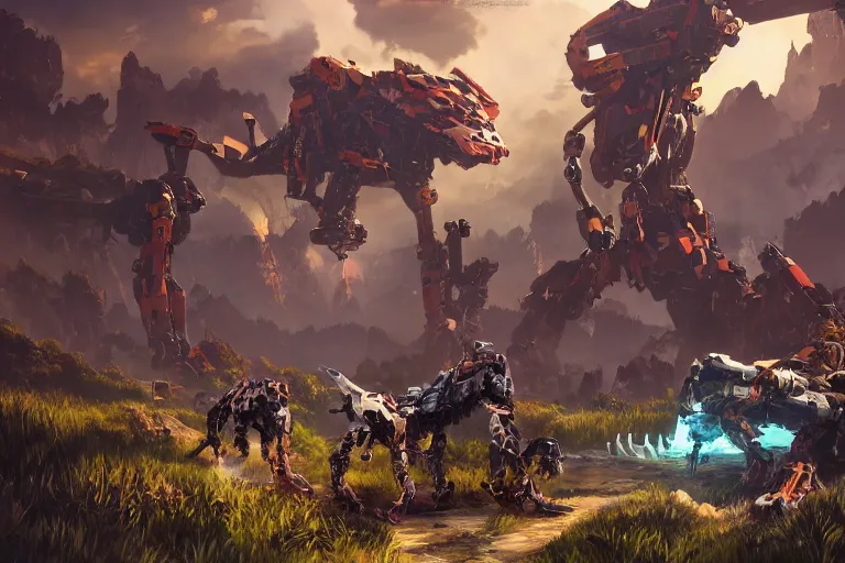 Image similar to sawtooth machine mecha animal beast robot of horizon forbidden west horizon zero dawn bioluminiscence global illumination ray tracing hdr fanart arstation by sung choi and eric pfeiffer and gabriel garza and casper konefal