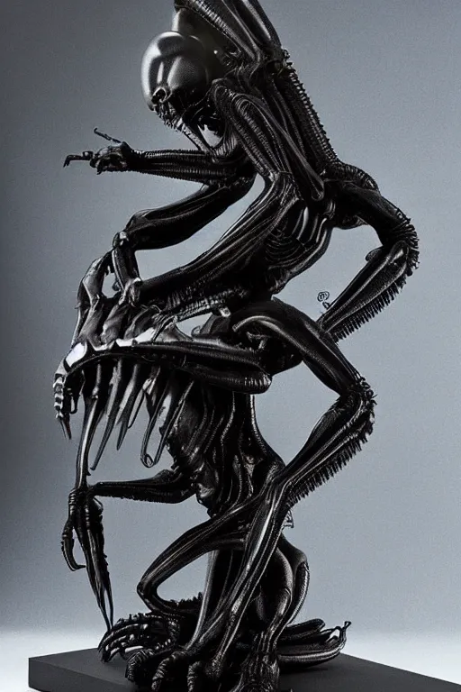 Prompt: hr giger xenomorph alien design in embrio pose, black, shiny body, hyperrealistic, cinematic lighting