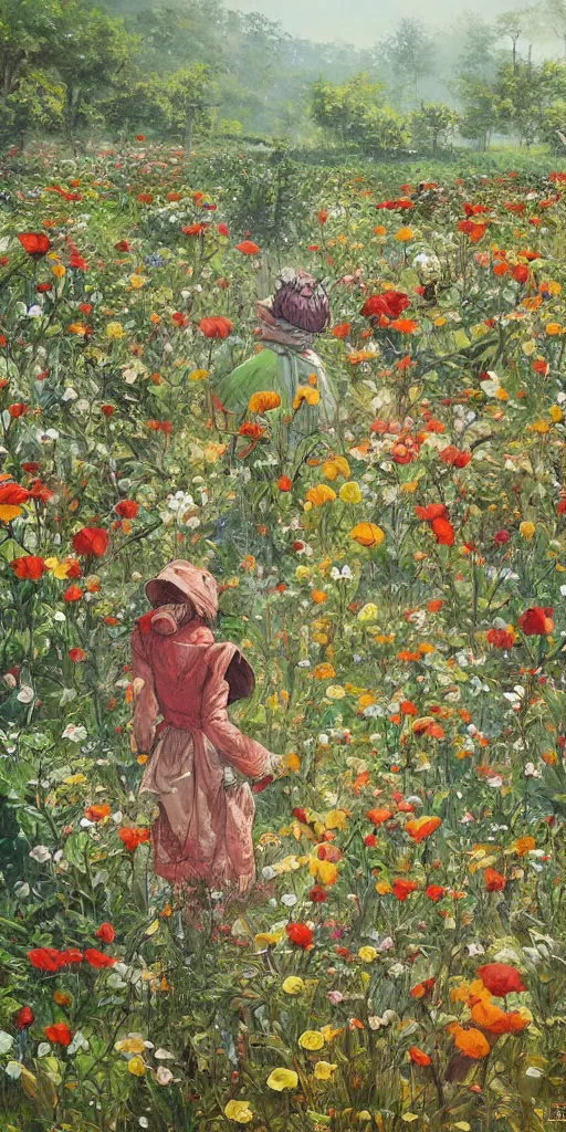 Image similar to oil painting scene from flower fields in the forest by kim jung gi