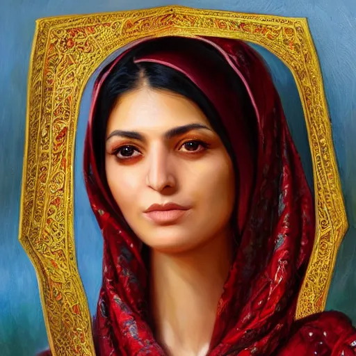 Image similar to portrait of a persian woman ( 3 5 ) from iran in 2 0 2 1, an oil painting by ross tran and thomas kincade