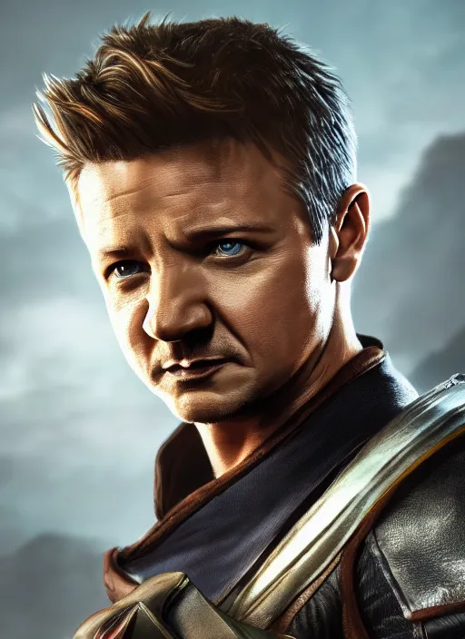 Prompt: A fantasy comic book style portrait painting of Jeremy Renner as a ranger, unreal 5, DAZ, hyperrealistic, octane render, RPG portrait, dynamic lighting