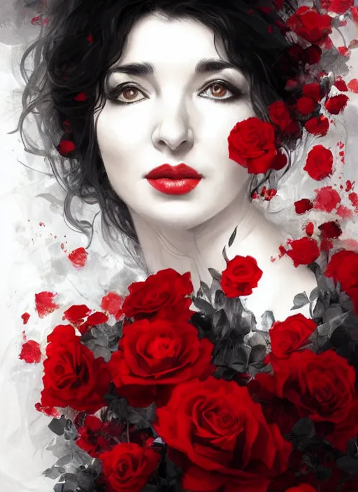 Prompt: portrait of kate bush against a dark background, lush black hair, pale skin, white and red roses, flowing material, intricate, beautiful cinematic lighting, stunning painting by artgerm, caravaggio, android jones, wadim kashin