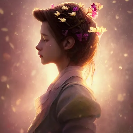 Image similar to Beautiful riveting aesthetically pleasing Aerith Gainsborough holding a flower basket portrait, face centered portrait, Confident, fog, rain, volumetric lighting, beautiful, golden hour, sharp focus, ultra detailed, conceptartworld by Leesha Hannigan, Ross Tran, Thierry Doizon, Kai Carpenter, Ignacio Fernández Ríos