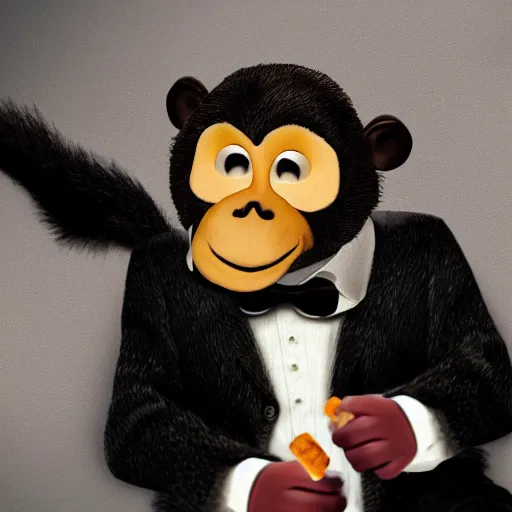 Image similar to a high detail closeup shot of a depressed monkey wearing a suit and smoking a cigar