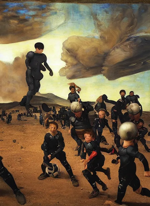 Image similar to a soccer match on mars by edgar maxence and caravaggio and michael whelan and delacroix style, artistic, intricate painting, cinematic lighting, hyper realistic, extremely detailed, establishing shot, 8 k resolution, dramatic lighting