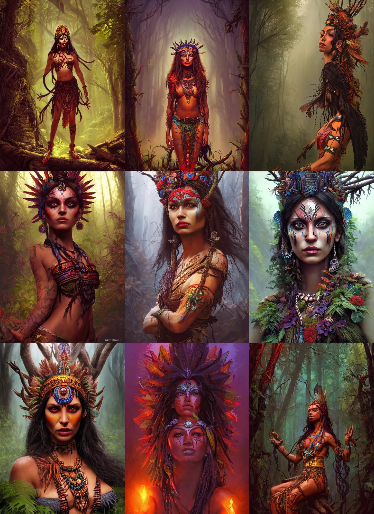 Prompt: aztec goddess of the forest, vivid colors, dark shadows, contrast, concept art, sharp focus, digital art, Hyper-realistic, 4K, Unreal Engine, Highly Detailed, Dramatic Lighting, Beautiful, by Brom, bastien lecouffe-deharme