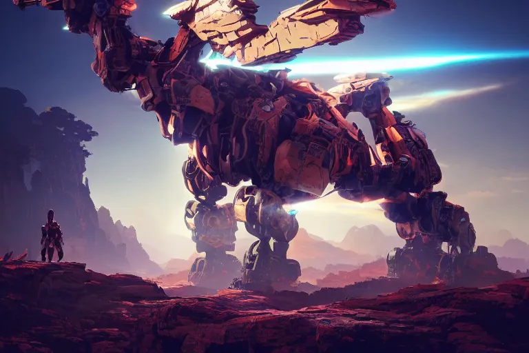 Image similar to rockbreaker machine mecanical creature robot of horizon forbidden west horizon zero dawn radiating a glowing aura global illumination ray tracing hdr fanart arstation by ian pesty and alena aenami artworks in 4 k