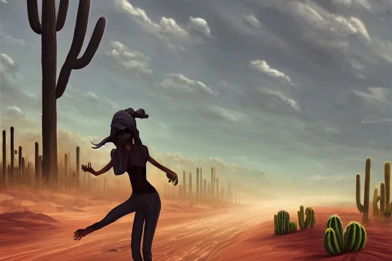 Image similar to a photo of a dystopian desert with loots of Cacti, sandy colours, sandy green, sandy, sandy beige, sobbing sad black silhouette of a person, cantered, by Cyril Rolando, trending on DeviantArt, desolated, dark, 8k resolution, rendered in Zbrush